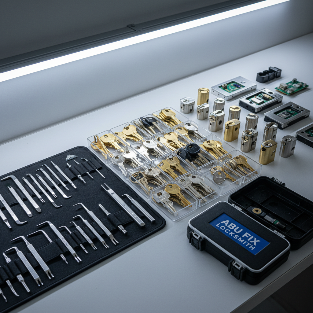 An organized locksmith’s mobile toolkit laid out neatly on a clean light-grey workbench, featuring precision lock-picking tools, key-cutting blanks in various shapes, replacement cylinders, and digital door lock components, all in brushed metal and durable plastic. A compact toolbox with “Abu Fix Locksmith” branding sits at the edge, slightly open to reveal more instruments. Overhead cool-white workshop lighting creates crisp, even illumination and fine highlights along the polished steel surfaces, with soft, controlled shadows for depth. Photographic realism with a slightly elevated angle and sharp focus throughout the frame, evoking a professional, meticulous, and trustworthy islandwide locksmith service ready for any residential lock issue.
