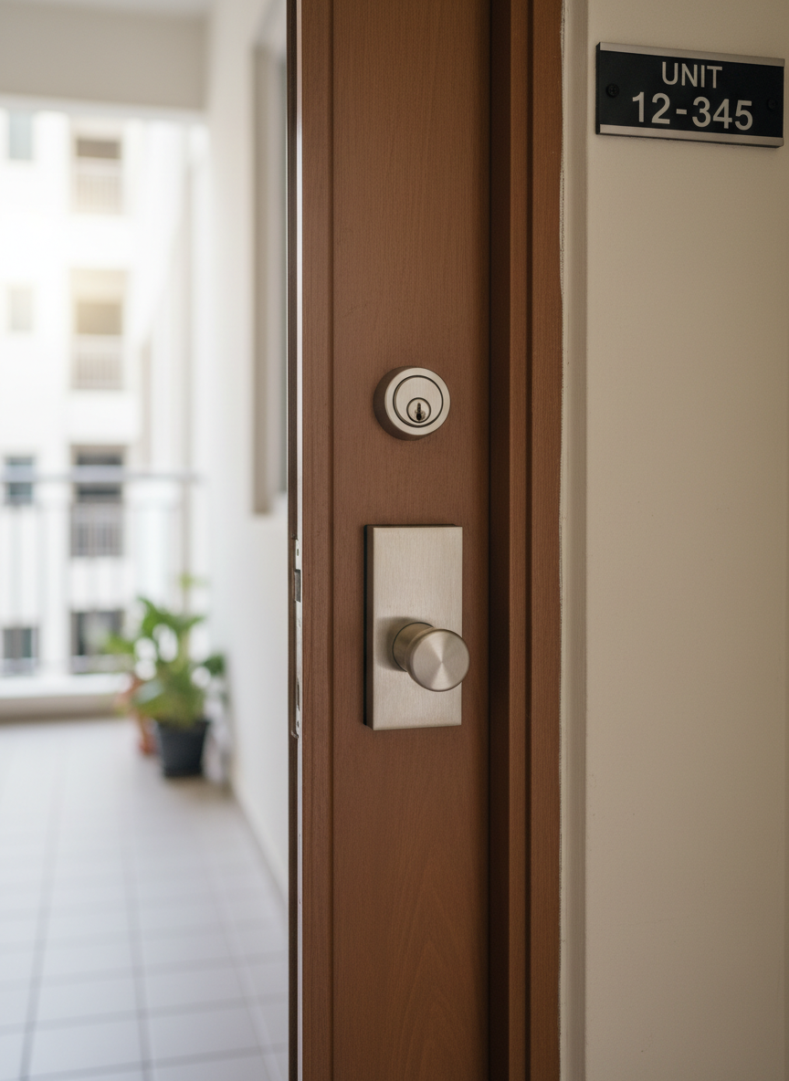 A close-up of a sturdy modern front door in a Singapore HDB corridor, featuring a high-security mortise lock and freshly installed deadbolt in brushed stainless steel. The door surface is a warm walnut laminate with crisp edges and a smooth matte texture, framed by a clean cream-colored wall and neatly labeled unit number. Soft afternoon natural light from a nearby corridor window creates gentle reflections on the metal lock face and subtle shadows around the handle. Photographic realism, eye-level composition with shallow depth of field so the background corridor becomes a soft blur, conveying reliability, professionalism, and calm efficiency suitable for a trusted locksmith service.